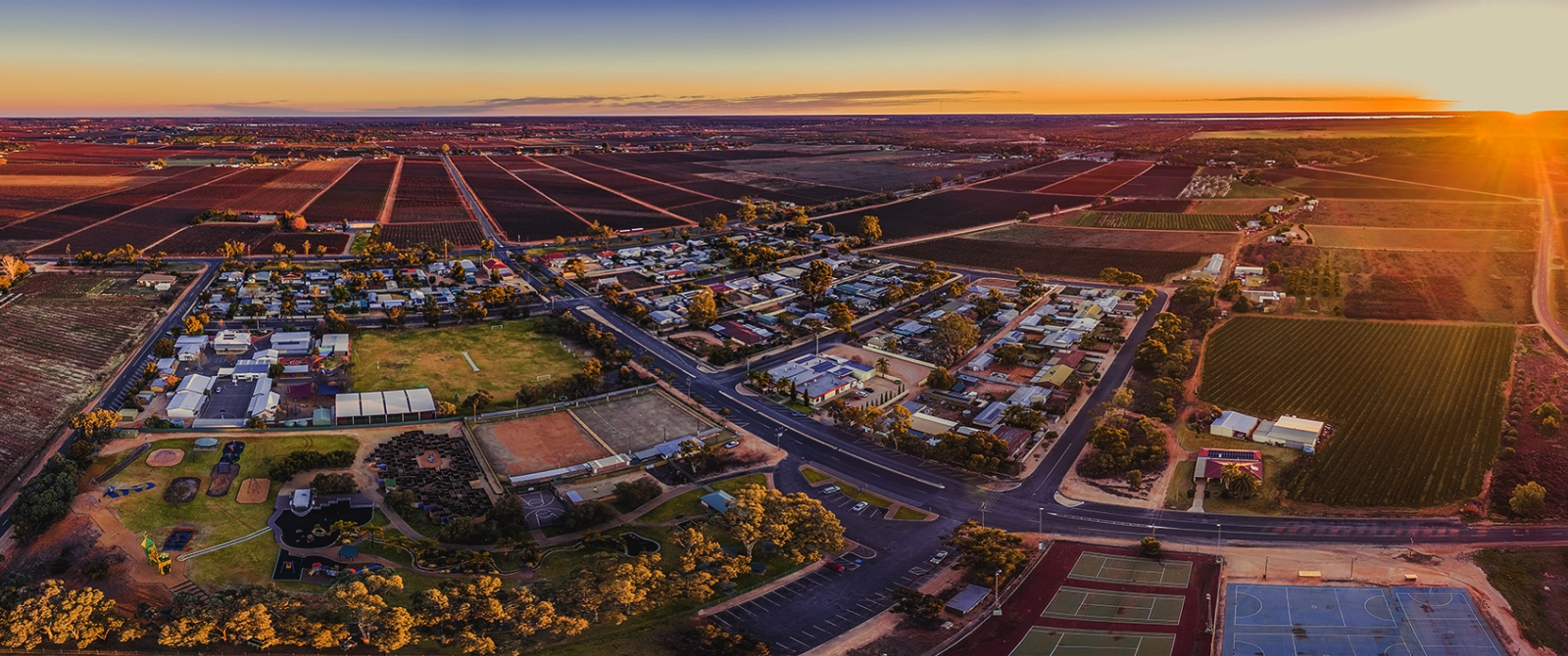 sunset aerial view of small town